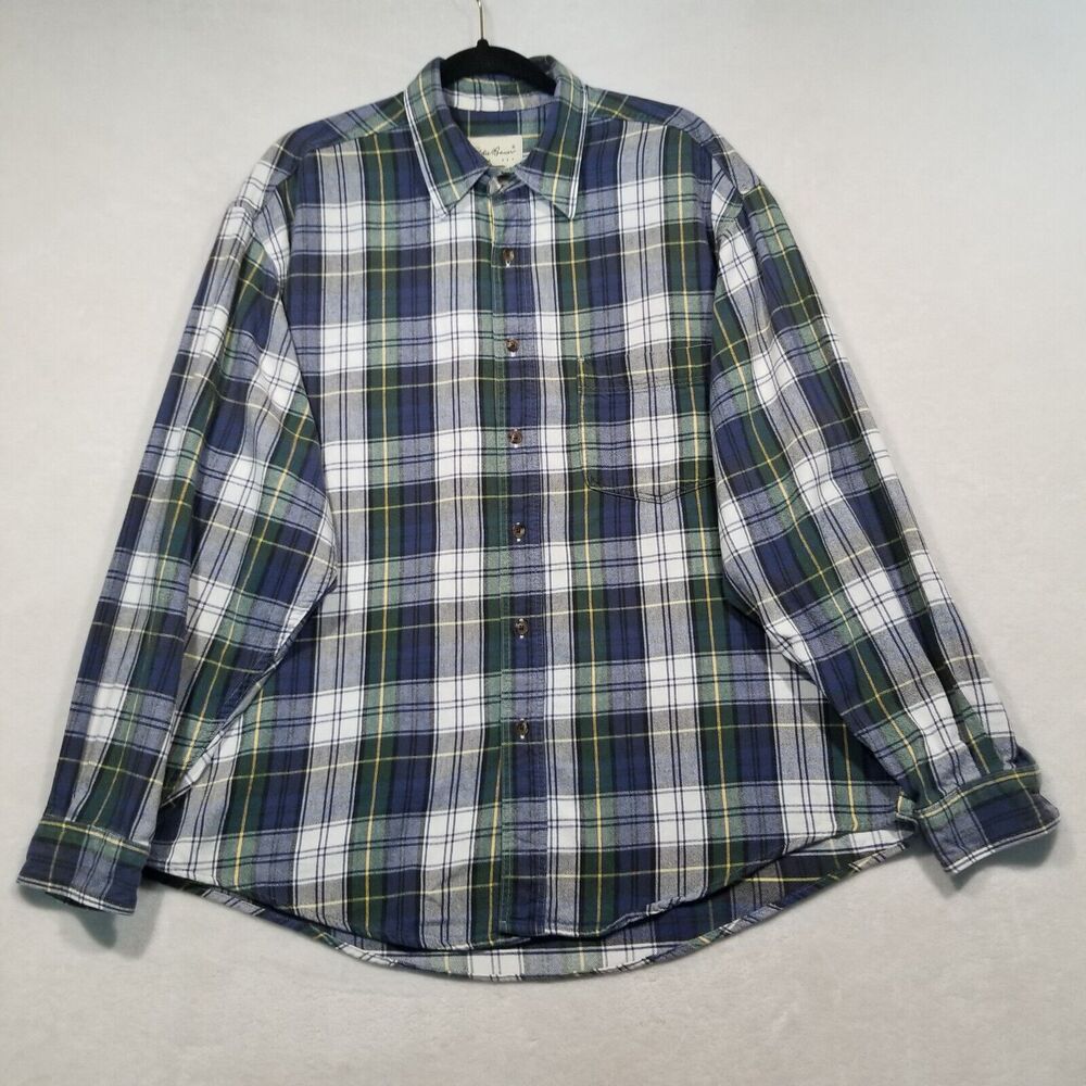 Eddie Bauer Mens Sz Large Blue Green Plaid Flannel Shirt Long Sleeve Button Up